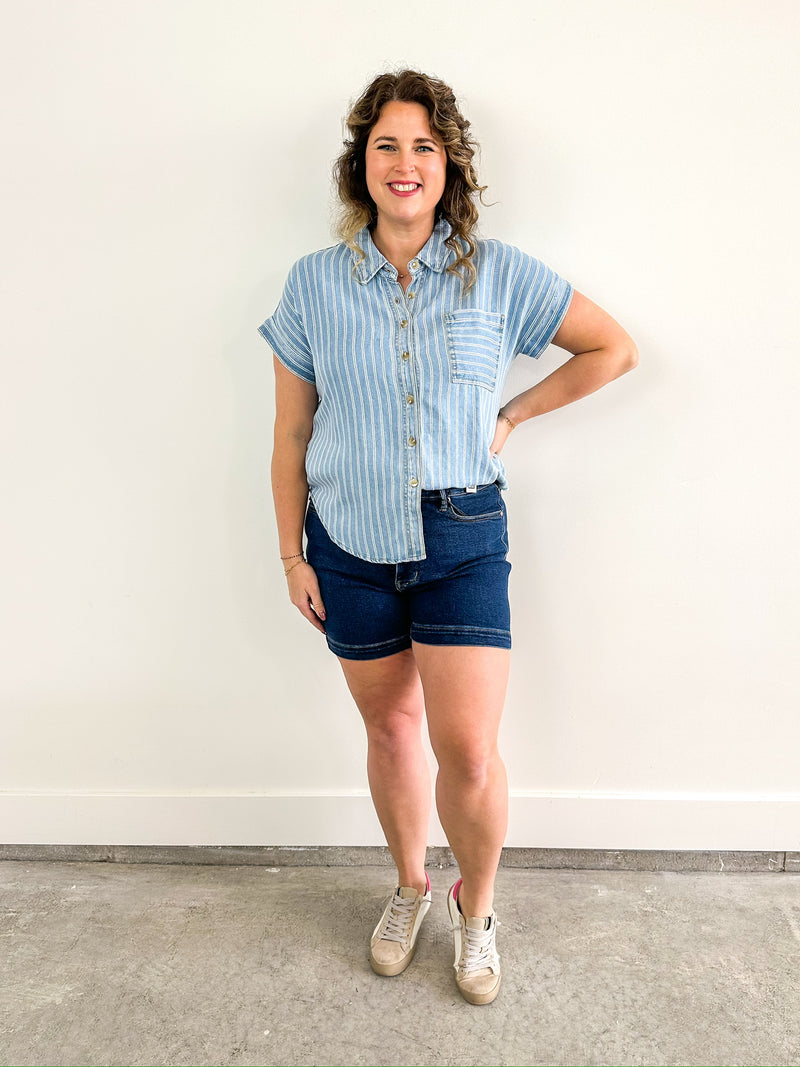 Striped Chambray Short Sleeve Button Down