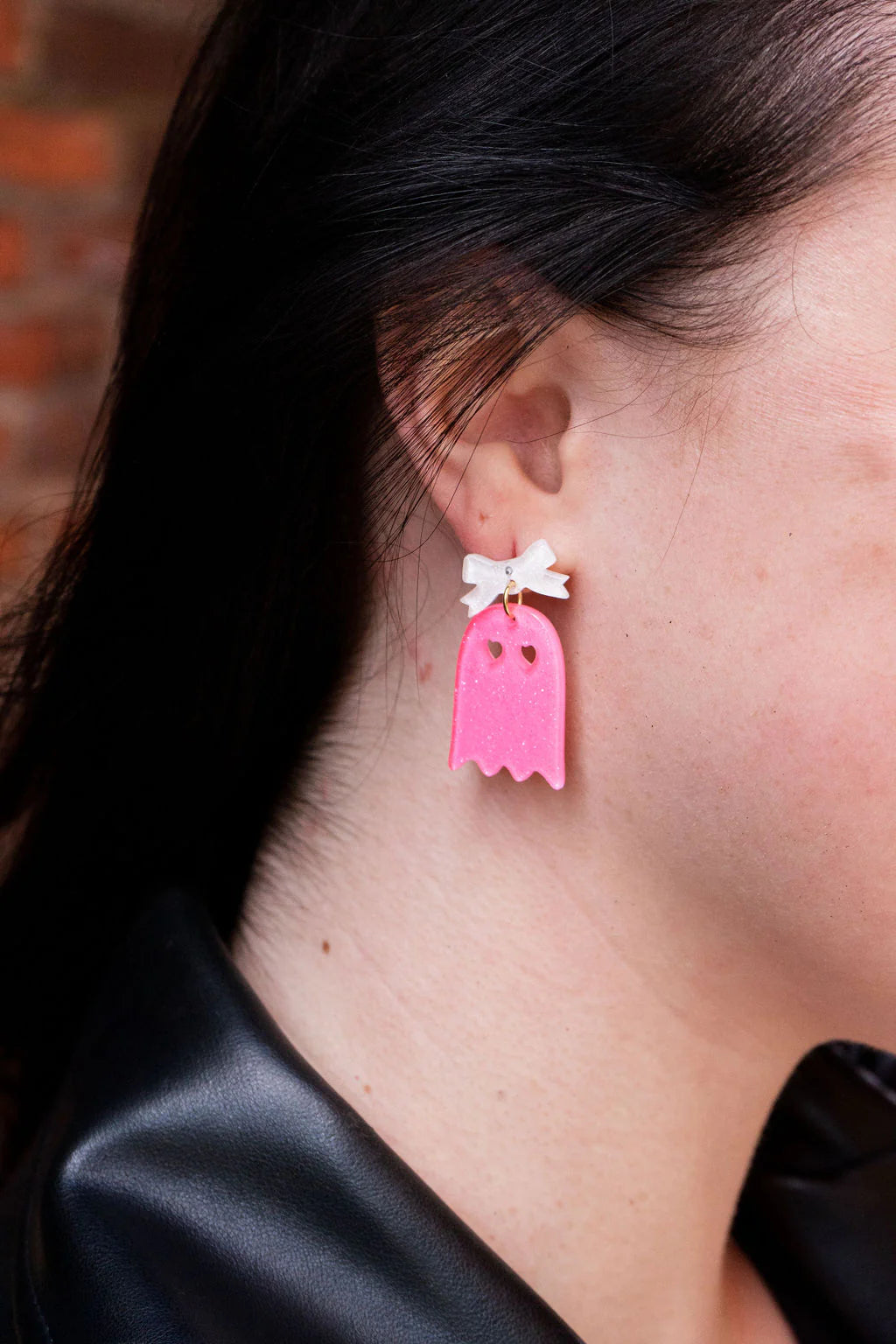 Bow Ghost Earrings- Pink Glitter