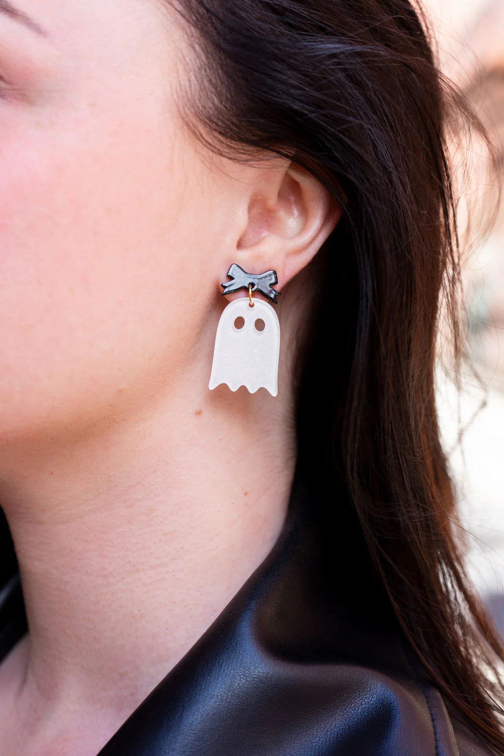 Bow Ghost Earrings- White Glitter