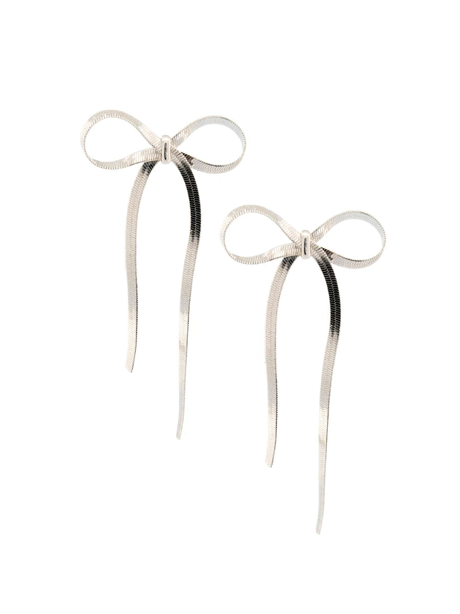 Long Silver Bow Earrings