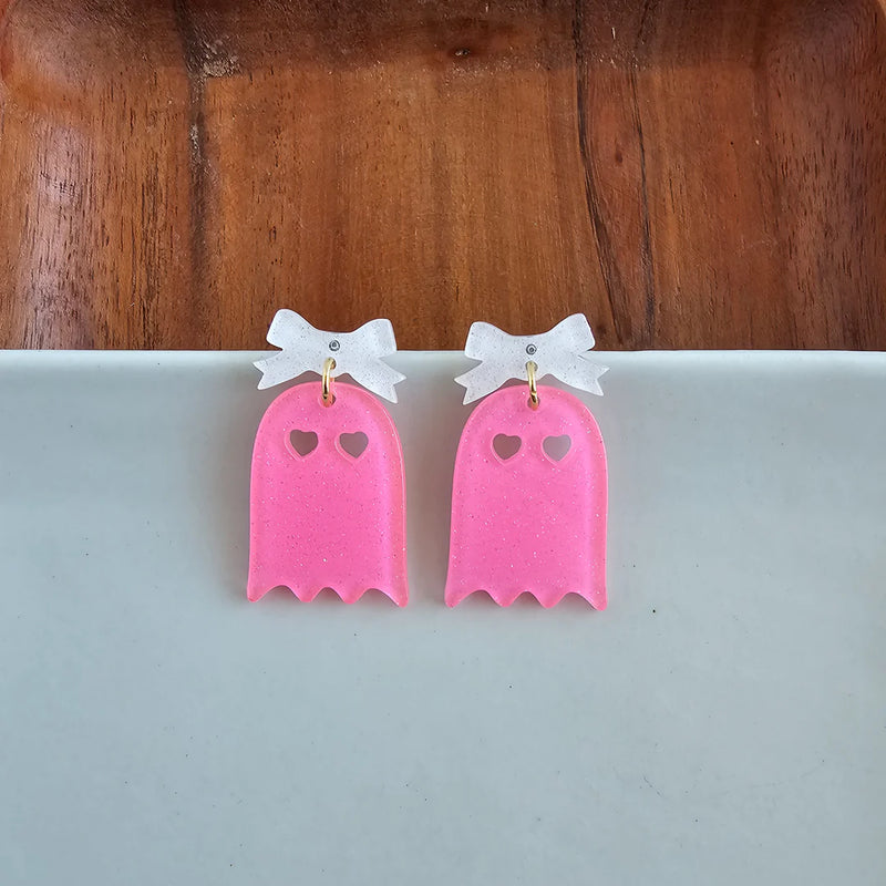 Bow Ghost Earrings- Pink Glitter