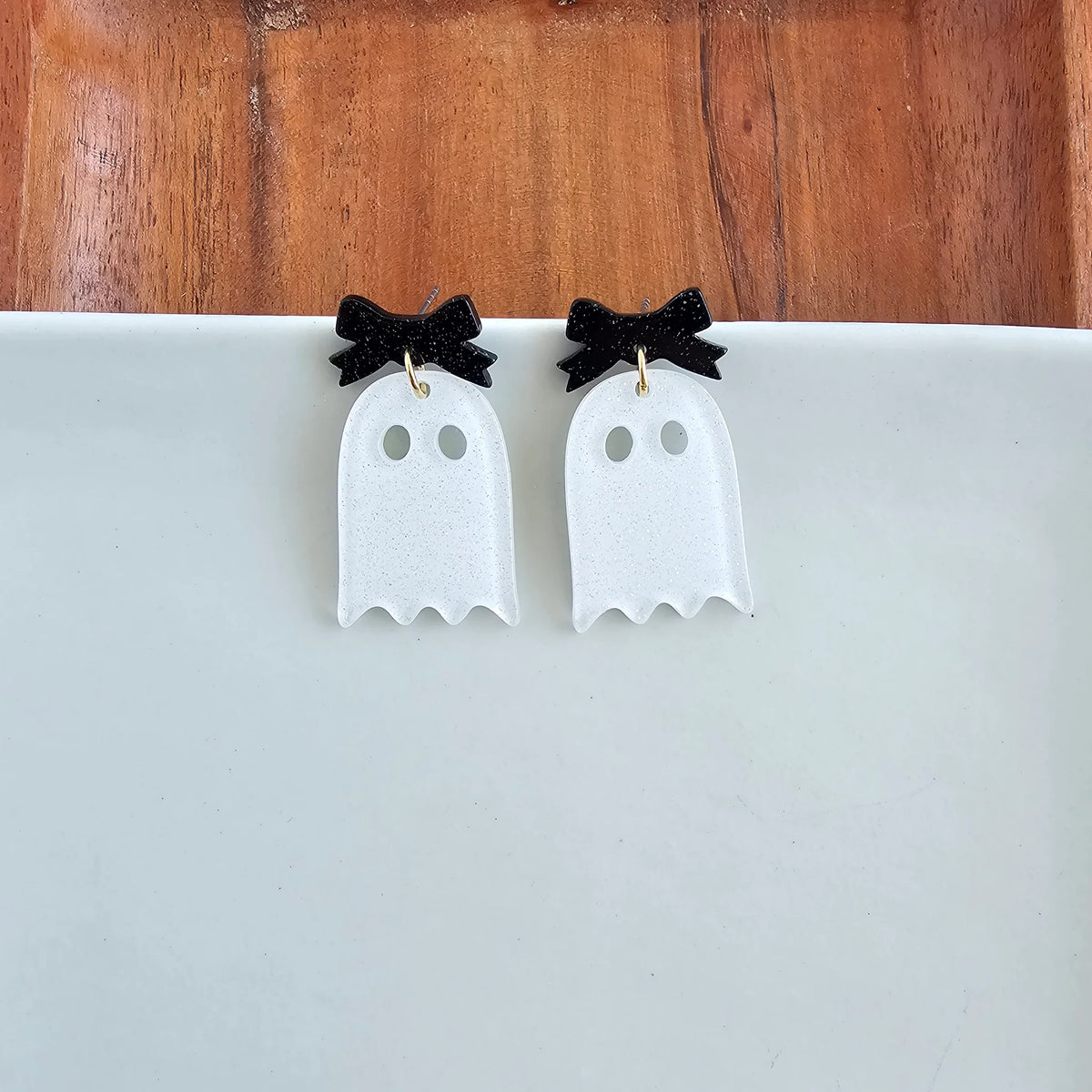 Bow Ghost Earrings- White Glitter