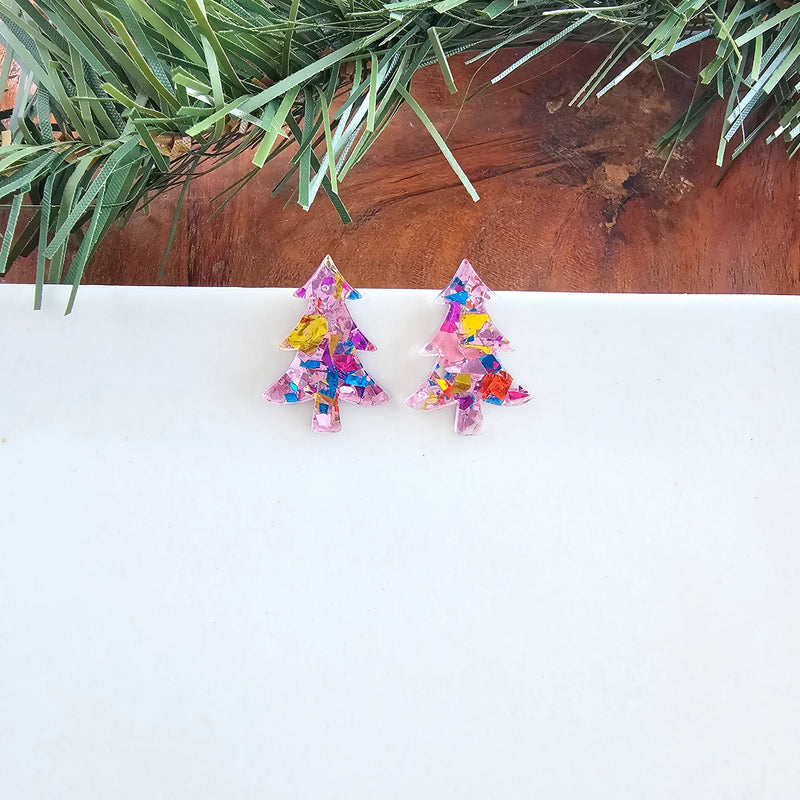 Christmas Tree Studs - Light Pink Sparkle